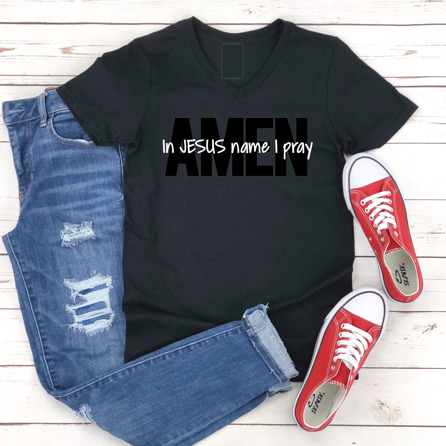Black Cotton V-Neck Women’s T-Shirt – In Jesus Name I Pray, Amen
